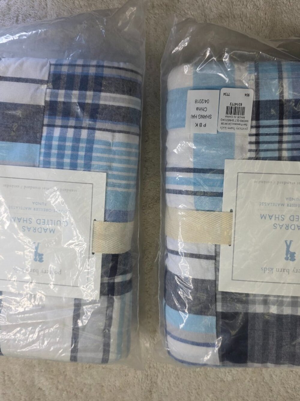 Pottery Barn Kids Madras Quilted Shams Blue Plaid Set 2